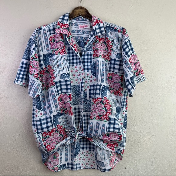 Vintage PennyLane Patchwork Look Button Front Short Sleeve Top Large Flawed - Picture 13 of 13